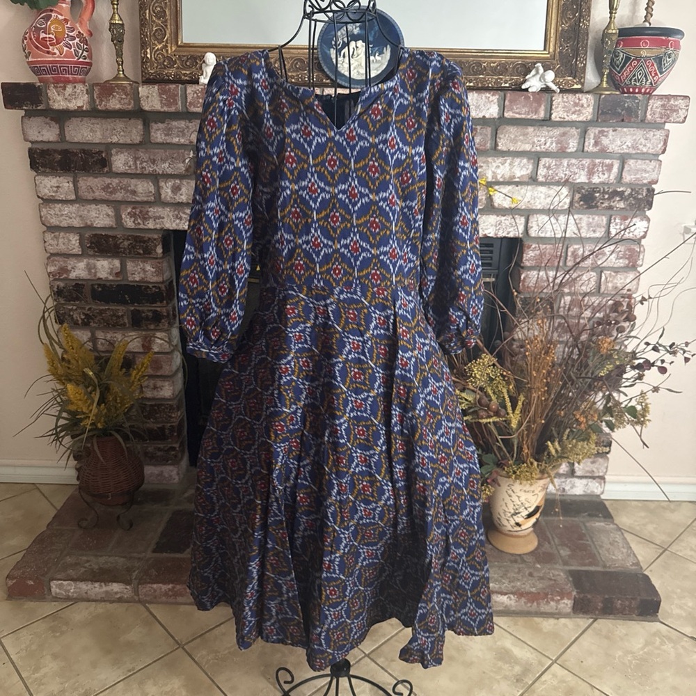 Athira Women’s Navy Blue Boho Dress Deco Swing Print 3/4 Sleeve Dress Sz S